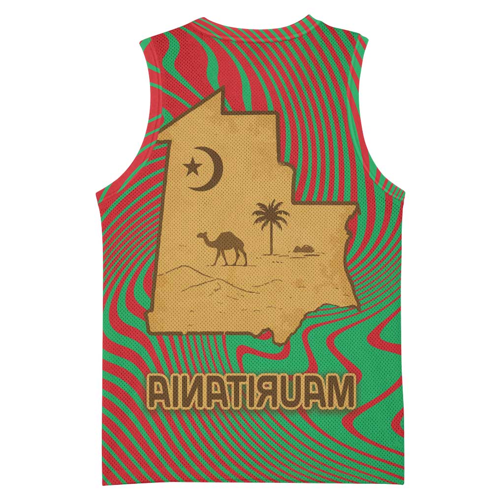 Mauritania Basketball Jersey - Desert Camel Crescent Moon and Palm Tree Graphic in Red Green Gold Pattern - African Pride