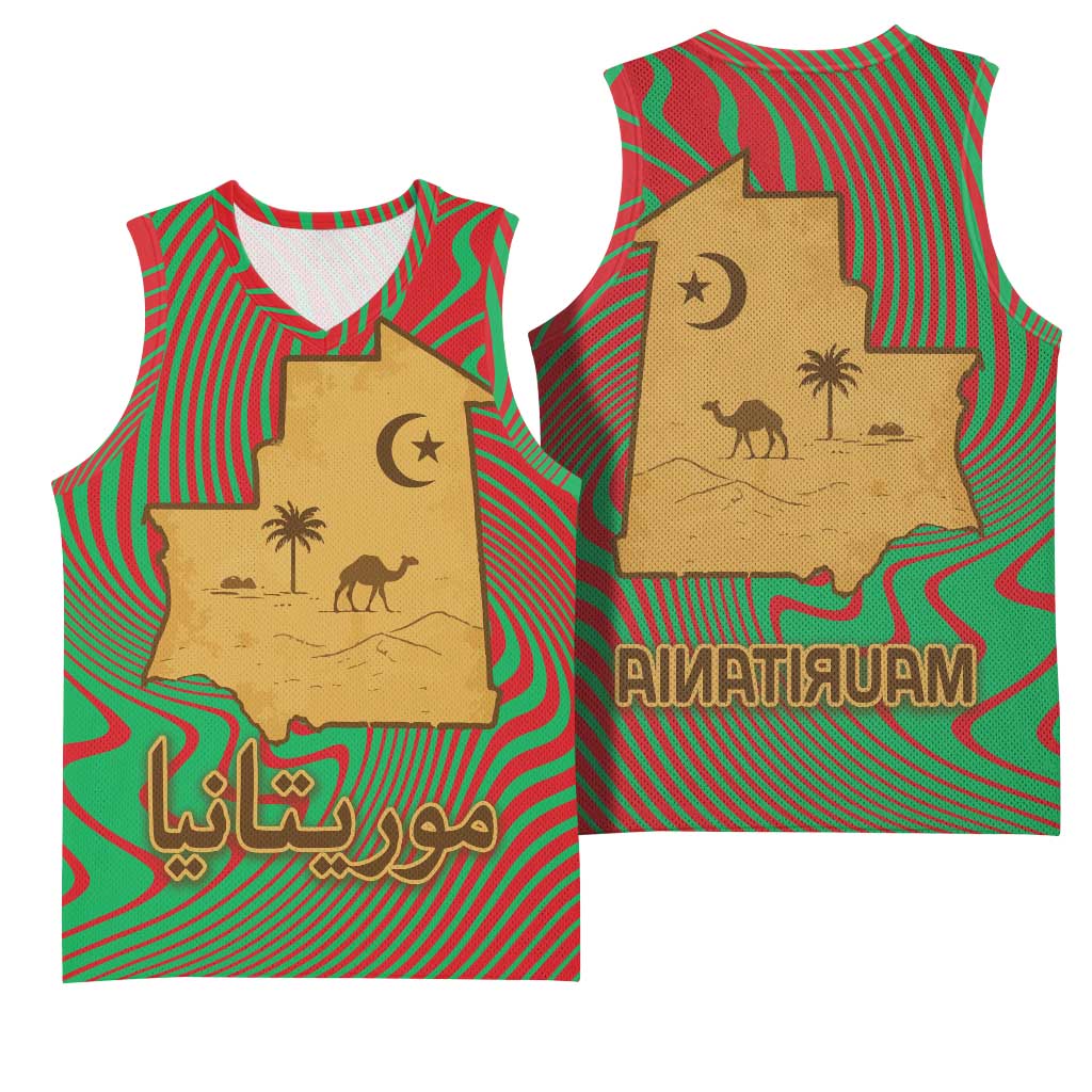 Mauritania Basketball Jersey - Desert Camel Crescent Moon and Palm Tree Graphic in Red Green Gold Pattern - African Pride