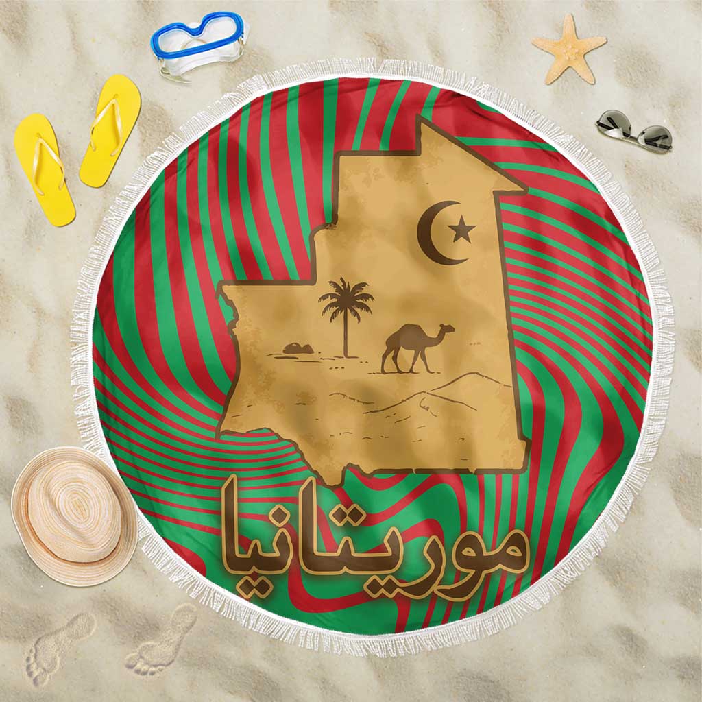 Mauritania Beach Blanket - Desert Camel Crescent Moon and Palm Tree Graphic in Red Green Gold Pattern