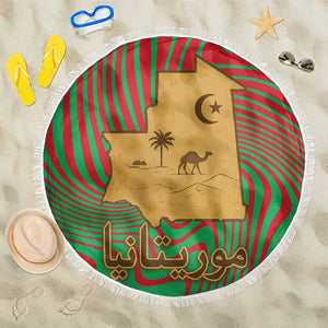 Mauritania Beach Blanket - Desert Camel Crescent Moon and Palm Tree Graphic in Red Green Gold Pattern