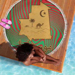 Mauritania Beach Blanket - Desert Camel Crescent Moon and Palm Tree Graphic in Red Green Gold Pattern