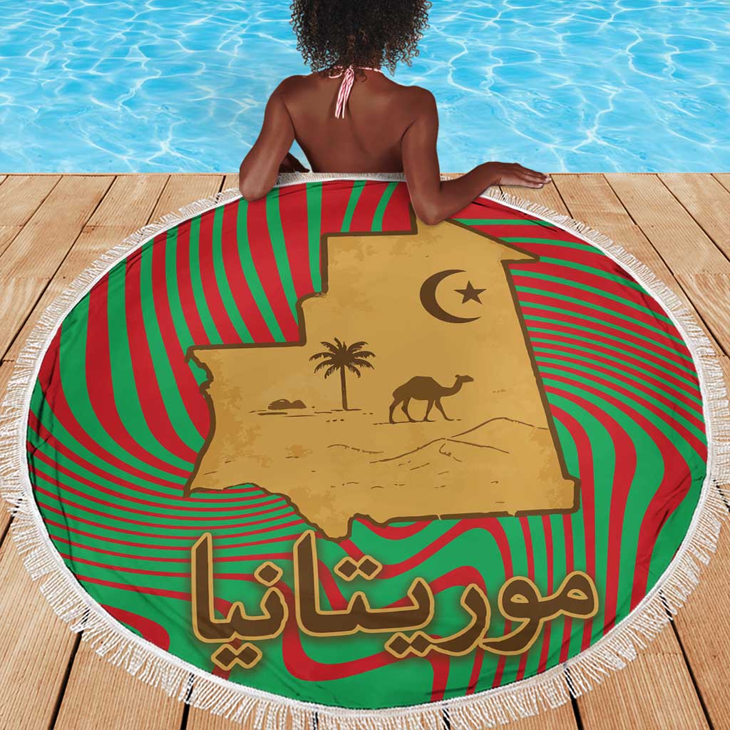 Mauritania Beach Blanket - Desert Camel Crescent Moon and Palm Tree Graphic in Red Green Gold Pattern
