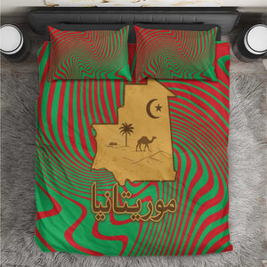 Mauritania Bedding Set - Desert Camel Crescent Moon and Palm Tree Graphic in Red Green Gold Pattern