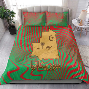Mauritania Bedding Set - Desert Camel Crescent Moon and Palm Tree Graphic in Red Green Gold Pattern