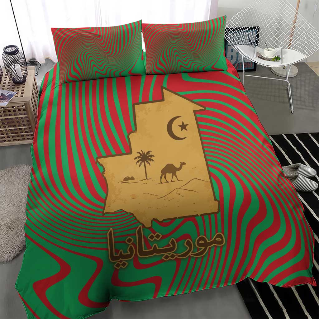 Mauritania Bedding Set - Desert Camel Crescent Moon and Palm Tree Graphic in Red Green Gold Pattern