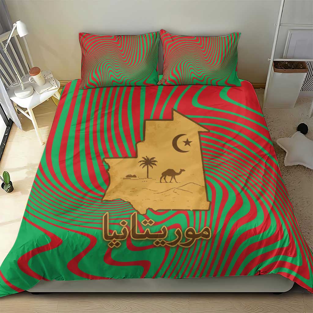 Mauritania Bedding Set - Desert Camel Crescent Moon and Palm Tree Graphic in Red Green Gold Pattern