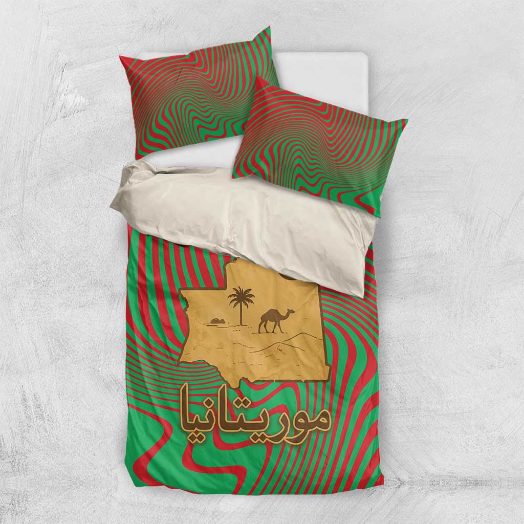 Mauritania Bedding Set - Desert Camel Crescent Moon and Palm Tree Graphic in Red Green Gold Pattern