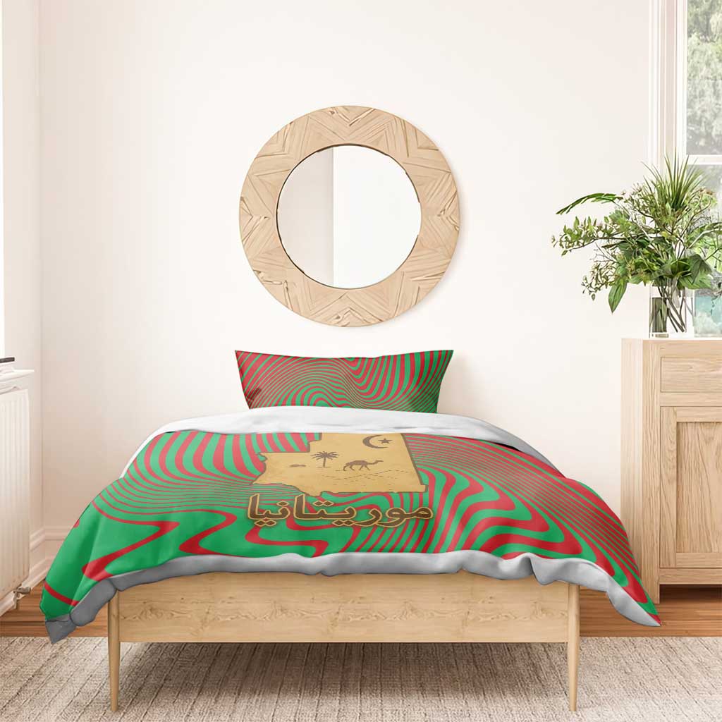 Mauritania Bedding Set - Desert Camel Crescent Moon and Palm Tree Graphic in Red Green Gold Pattern