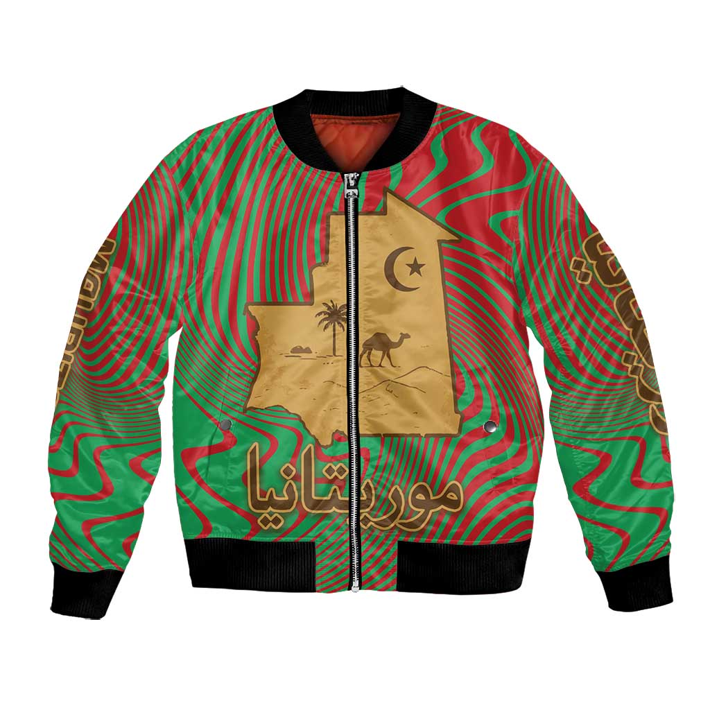 Mauritania Bomber Jacket - Desert Camel Crescent Moon and Palm Tree Graphic in Red Green Gold Pattern