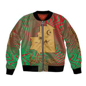 Mauritania Bomber Jacket - Desert Camel Crescent Moon and Palm Tree Graphic in Red Green Gold Pattern