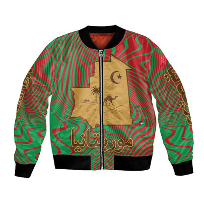 Mauritania Bomber Jacket - Desert Camel Crescent Moon and Palm Tree Graphic in Red Green Gold Pattern