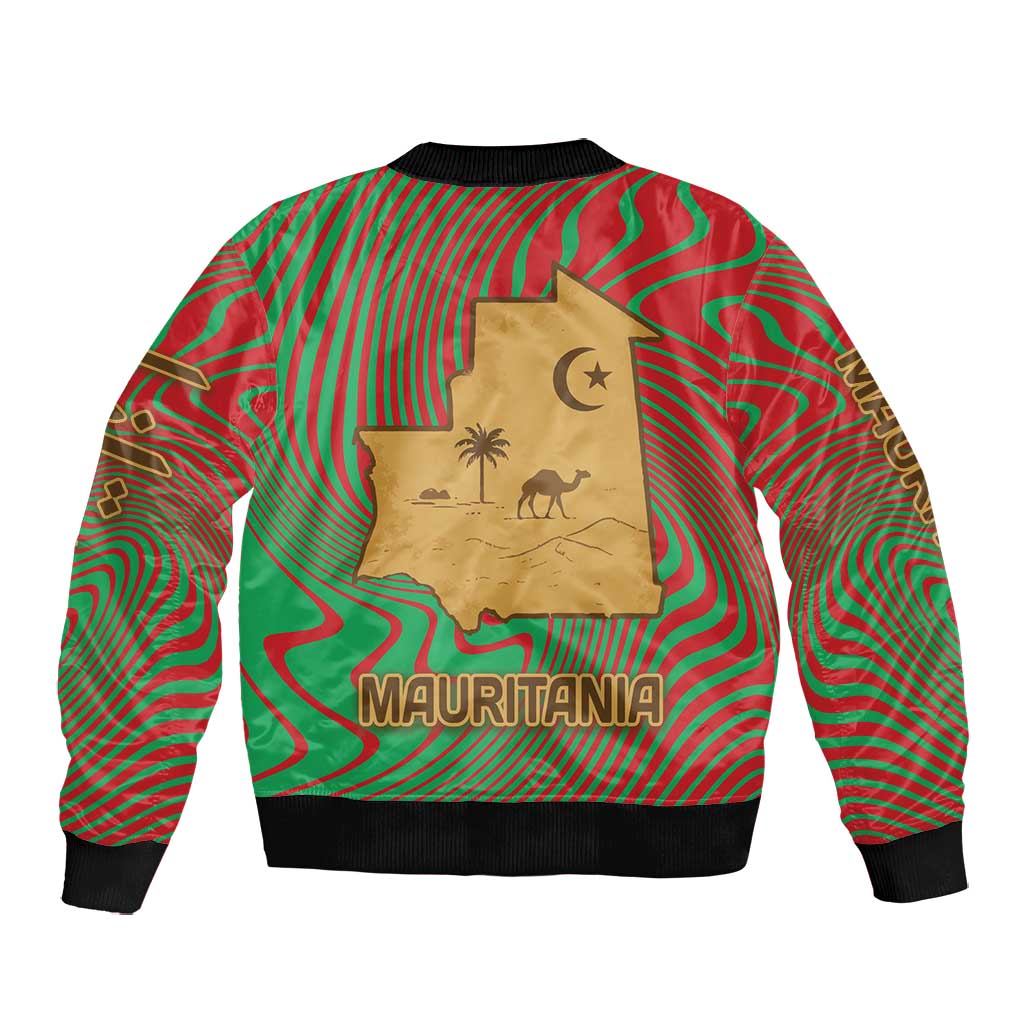 Mauritania Bomber Jacket - Desert Camel Crescent Moon and Palm Tree Graphic in Red Green Gold Pattern