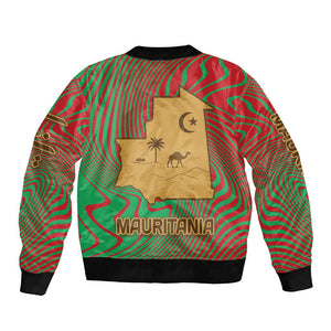 Mauritania Bomber Jacket - Desert Camel Crescent Moon and Palm Tree Graphic in Red Green Gold Pattern