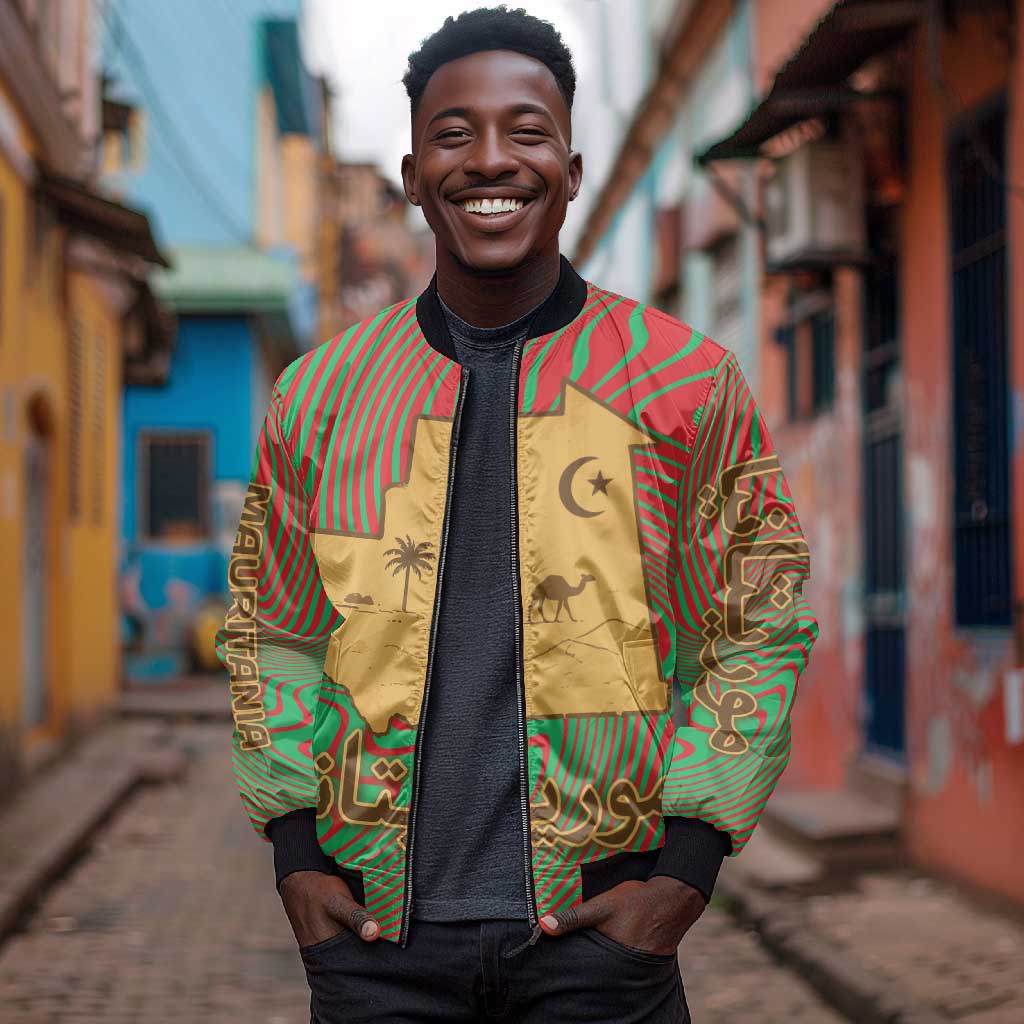 Mauritania Bomber Jacket - Desert Camel Crescent Moon and Palm Tree Graphic in Red Green Gold Pattern