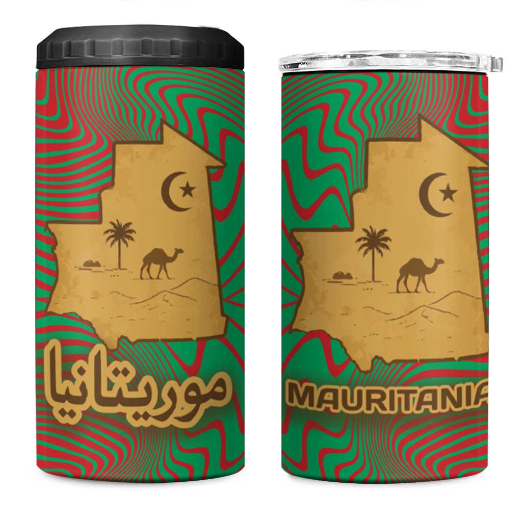 Mauritania 4 in 1 Can Cooler Tumbler - Desert Camel Crescent Moon and Palm Tree Graphic in Red Green Gold Pattern