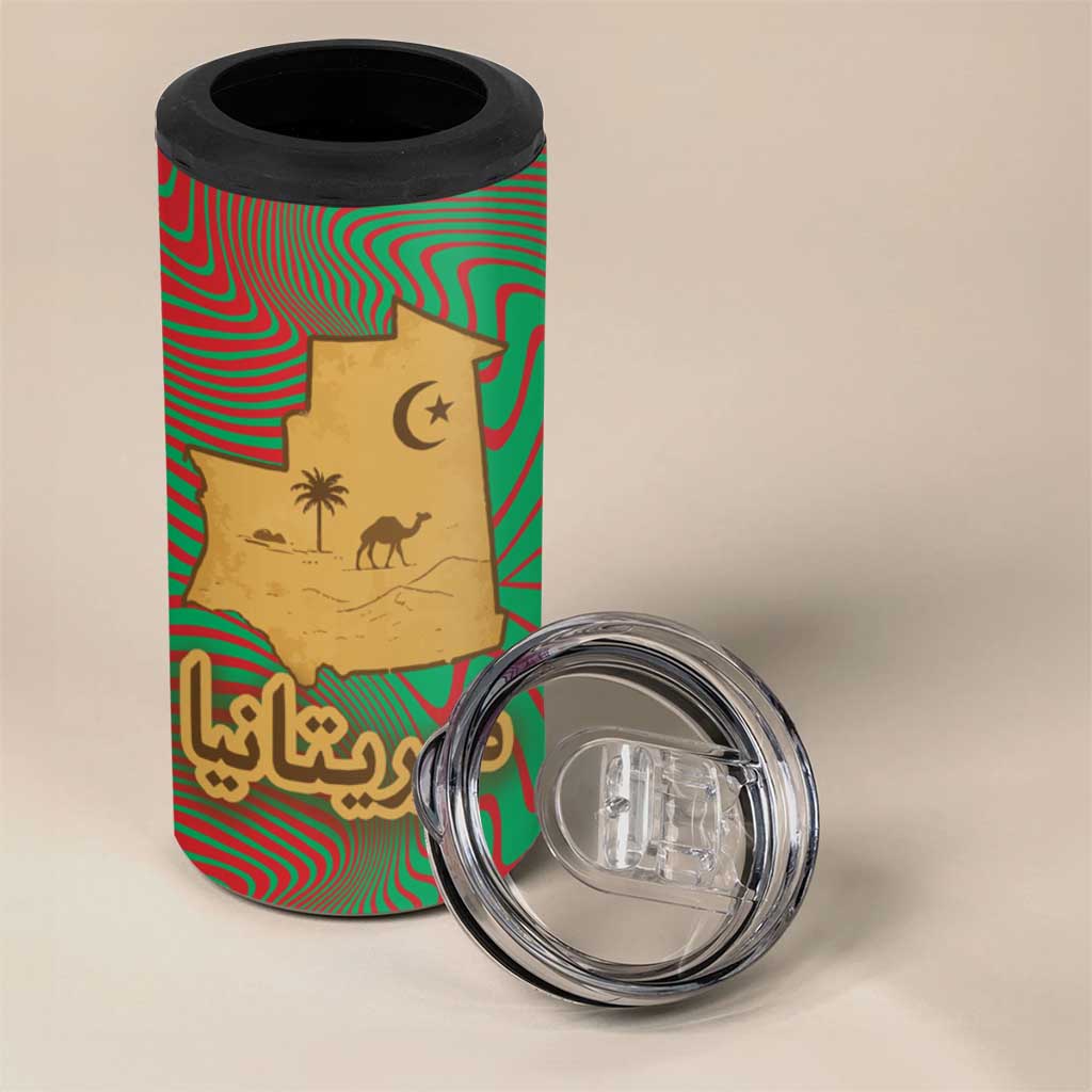 Mauritania 4 in 1 Can Cooler Tumbler - Desert Camel Crescent Moon and Palm Tree Graphic in Red Green Gold Pattern