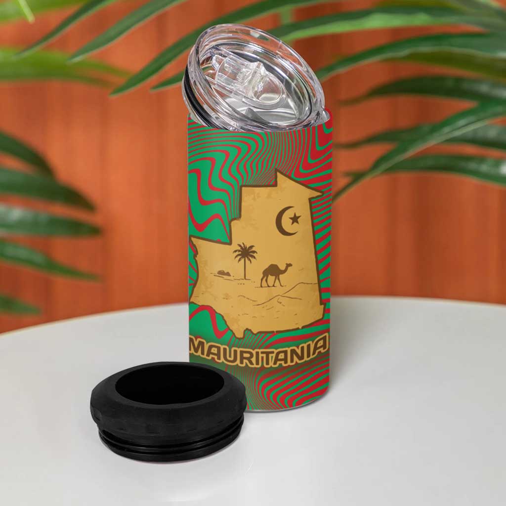 Mauritania 4 in 1 Can Cooler Tumbler - Desert Camel Crescent Moon and Palm Tree Graphic in Red Green Gold Pattern