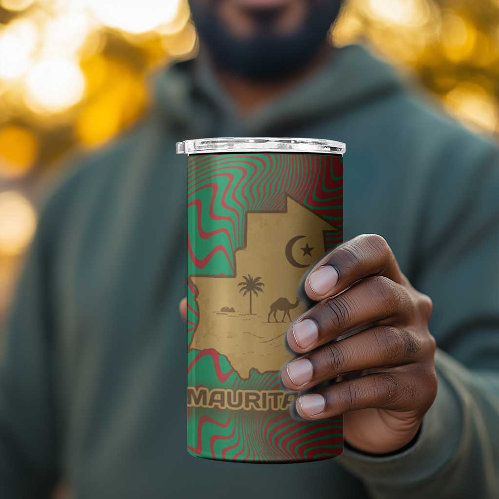 Mauritania 4 in 1 Can Cooler Tumbler - Desert Camel Crescent Moon and Palm Tree Graphic in Red Green Gold Pattern