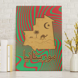 Mauritania Canvas Wall Art - Desert Camel Crescent Moon and Palm Tree Graphic in Red Green Gold Pattern
