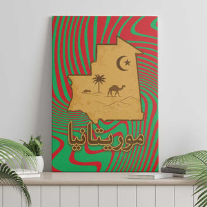 Mauritania Canvas Wall Art - Desert Camel Crescent Moon and Palm Tree Graphic in Red Green Gold Pattern