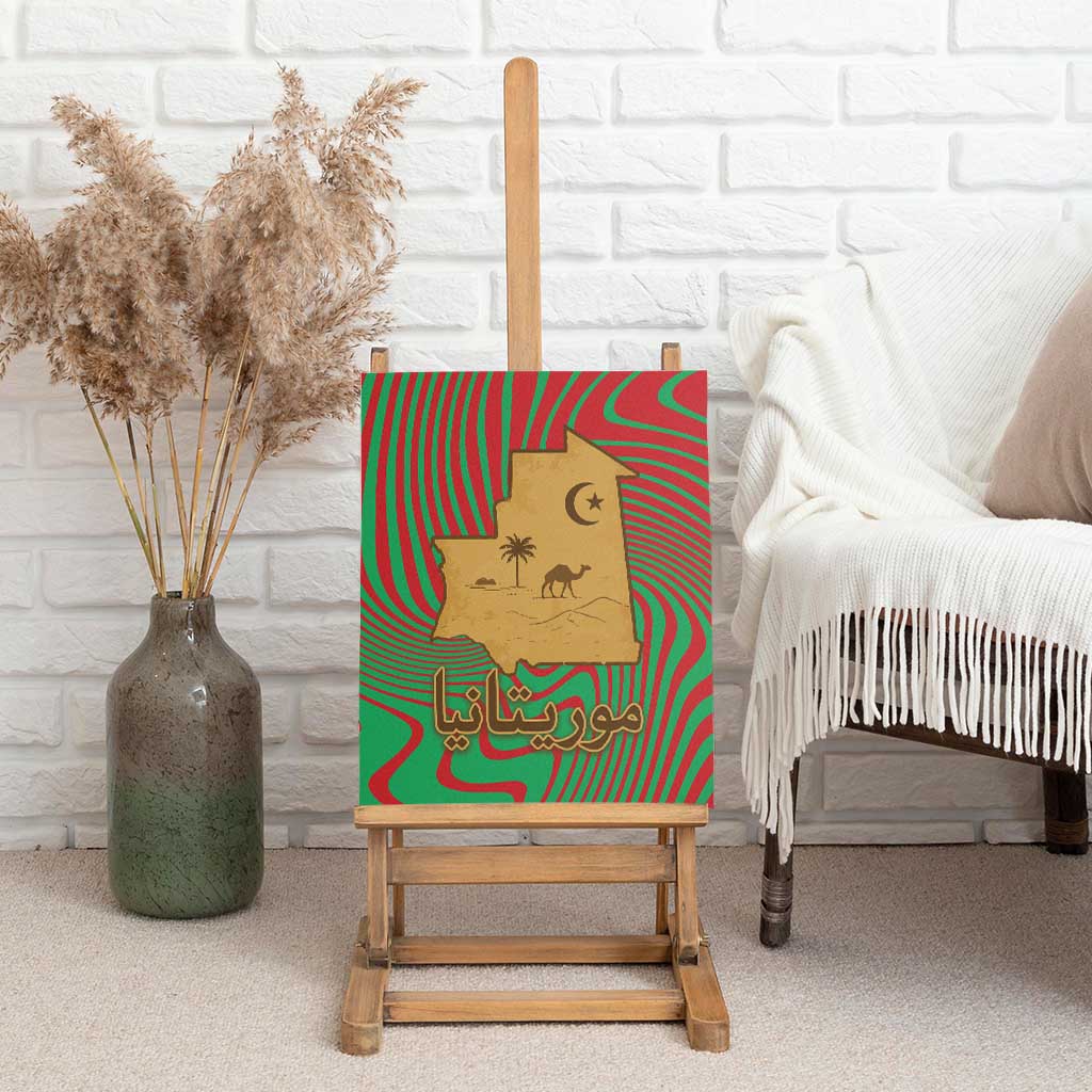 Mauritania Canvas Wall Art - Desert Camel Crescent Moon and Palm Tree Graphic in Red Green Gold Pattern