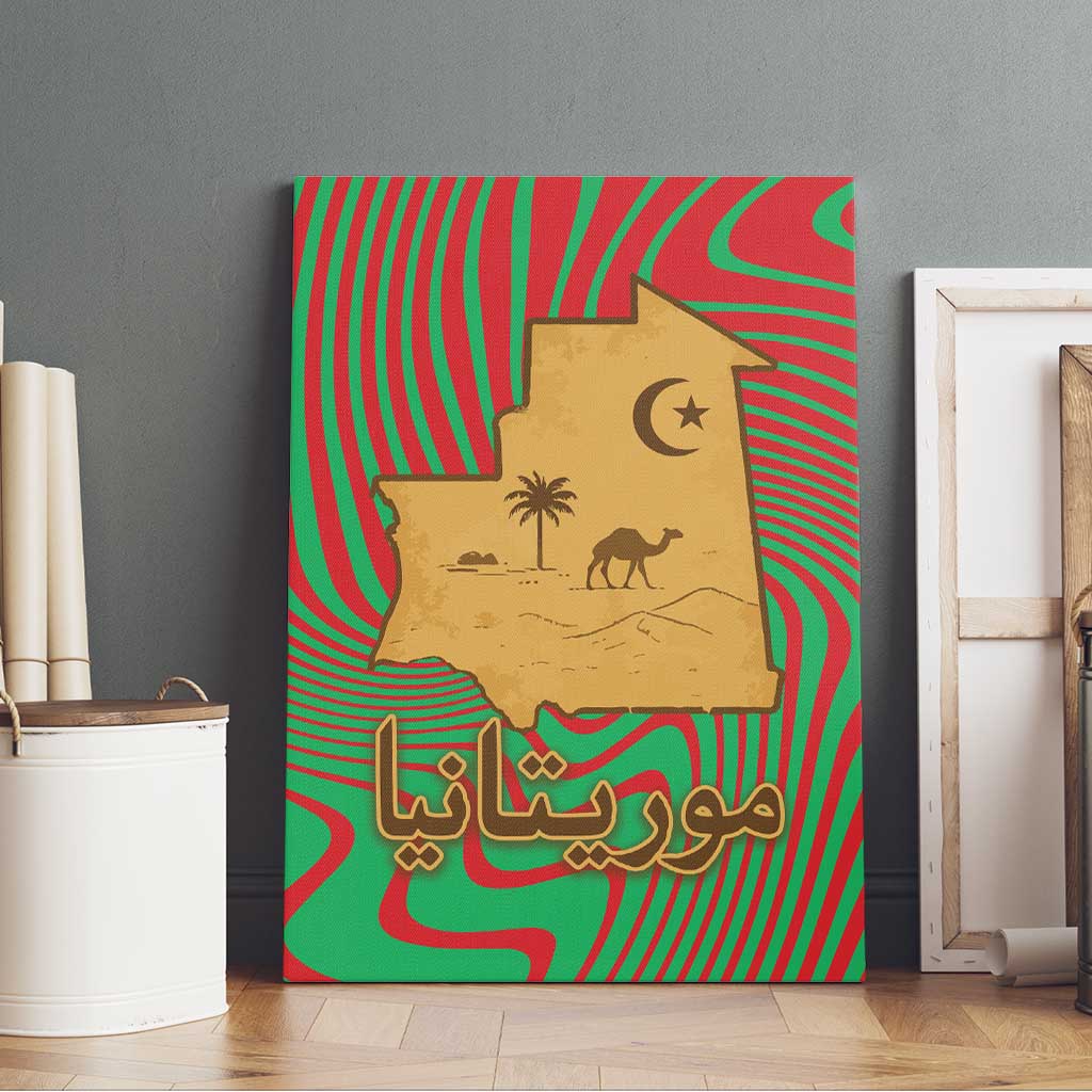 Mauritania Canvas Wall Art - Desert Camel Crescent Moon and Palm Tree Graphic in Red Green Gold Pattern