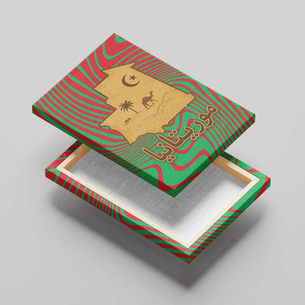 Mauritania Canvas Wall Art - Desert Camel Crescent Moon and Palm Tree Graphic in Red Green Gold Pattern
