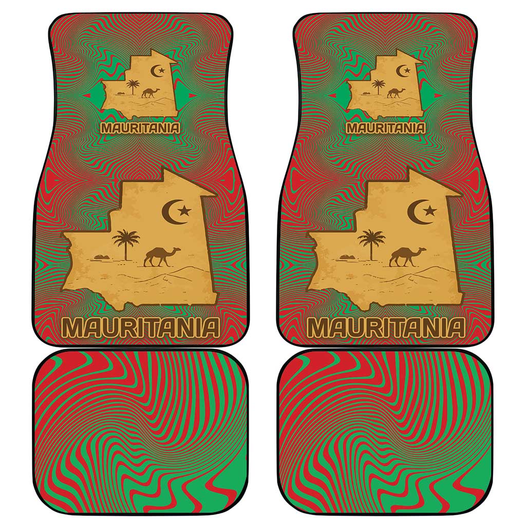 Mauritania Car Mats - Desert Camel Crescent Moon and Palm Tree Graphic in Red Green Gold Pattern