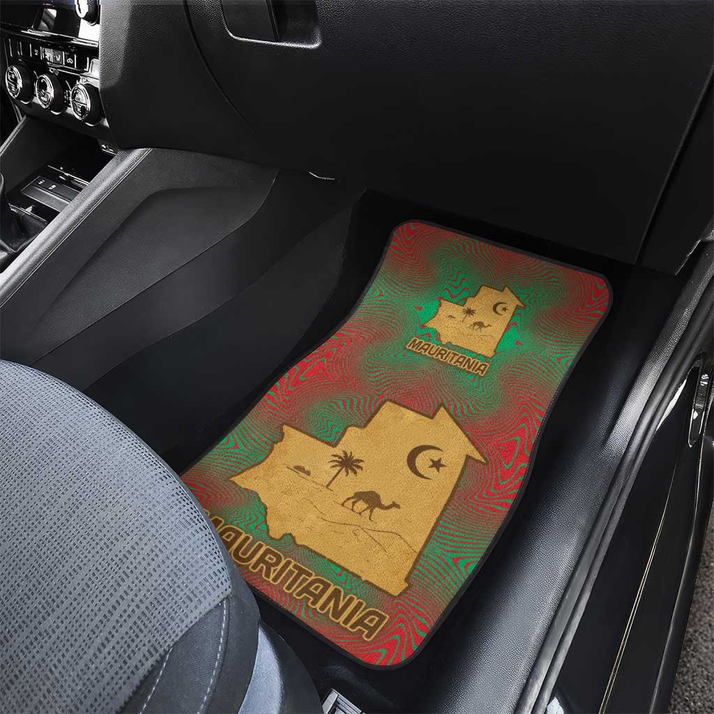 Mauritania Car Mats - Desert Camel Crescent Moon and Palm Tree Graphic in Red Green Gold Pattern