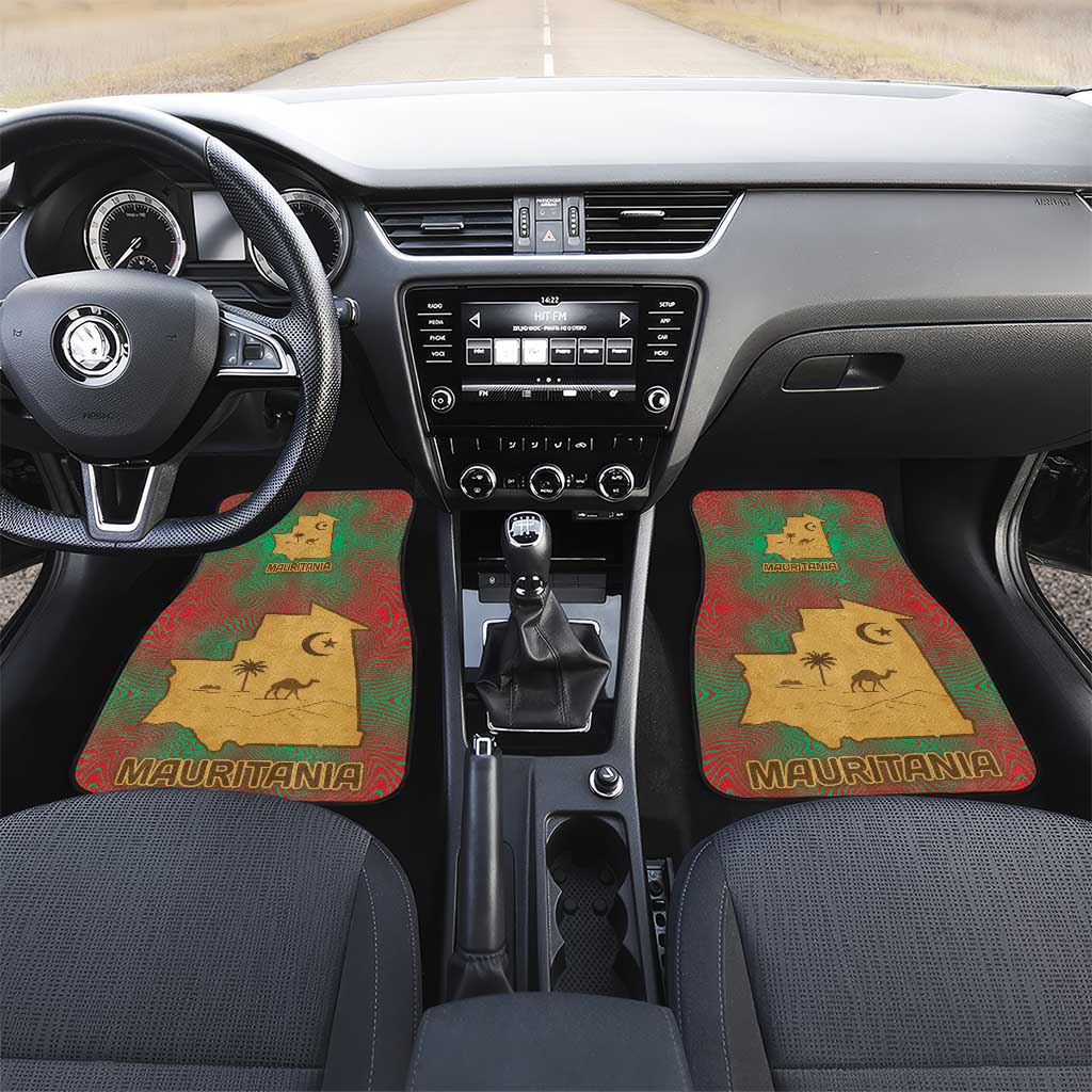 Mauritania Car Mats - Desert Camel Crescent Moon and Palm Tree Graphic in Red Green Gold Pattern