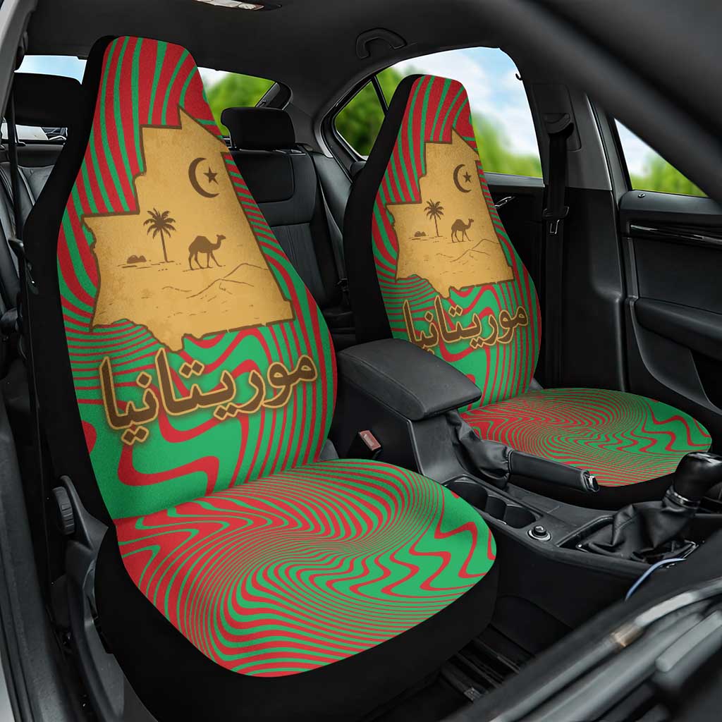 Mauritania Car Seat Cover - Desert Camel Crescent Moon and Palm Tree Graphic in Red Green Gold Pattern