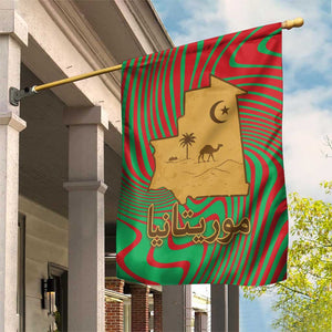 Mauritania Garden Flag - Desert Camel Crescent Moon and Palm Tree Graphic in Red Green Gold Pattern