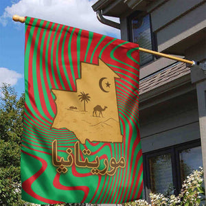 Mauritania Garden Flag - Desert Camel Crescent Moon and Palm Tree Graphic in Red Green Gold Pattern