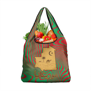 Mauritania Grocery Bag - Desert Camel Crescent Moon and Palm Tree Graphic in Red Green Gold Pattern