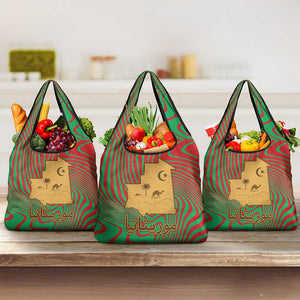 Mauritania Grocery Bag - Desert Camel Crescent Moon and Palm Tree Graphic in Red Green Gold Pattern