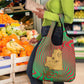 Mauritania Grocery Bag - Desert Camel Crescent Moon and Palm Tree Graphic in Red Green Gold Pattern