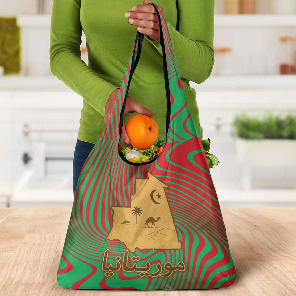 Mauritania Grocery Bag - Desert Camel Crescent Moon and Palm Tree Graphic in Red Green Gold Pattern