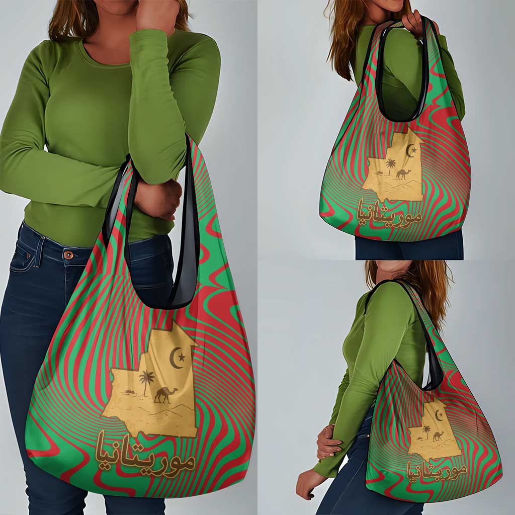 Mauritania Grocery Bag - Desert Camel Crescent Moon and Palm Tree Graphic in Red Green Gold Pattern