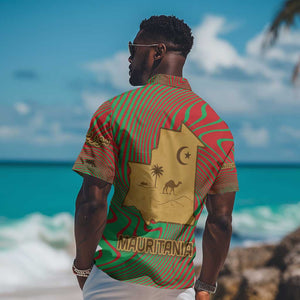 Mauritania Hawaiian Shirt - Desert Camel Crescent Moon and Palm Tree Graphic in Red Green Gold Pattern