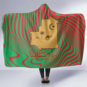 Mauritania Hooded Blanket - Desert Camel Crescent Moon and Palm Tree Graphic in Red Green Gold Pattern