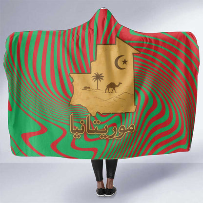 Mauritania Hooded Blanket - Desert Camel Crescent Moon and Palm Tree Graphic in Red Green Gold Pattern