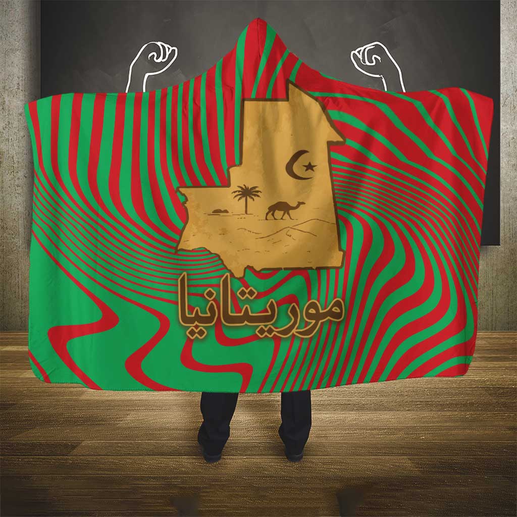 Mauritania Hooded Blanket - Desert Camel Crescent Moon and Palm Tree Graphic in Red Green Gold Pattern