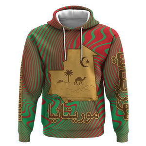 Mauritania Hoodie - Desert Camel Crescent Moon and Palm Tree Graphic in Red Green Gold Pattern