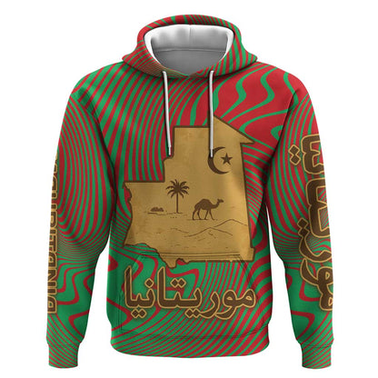 Mauritania Hoodie - Desert Camel Crescent Moon and Palm Tree Graphic in Red Green Gold Pattern