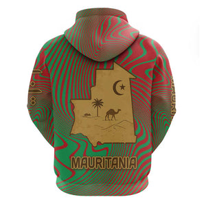 Mauritania Hoodie - Desert Camel Crescent Moon and Palm Tree Graphic in Red Green Gold Pattern