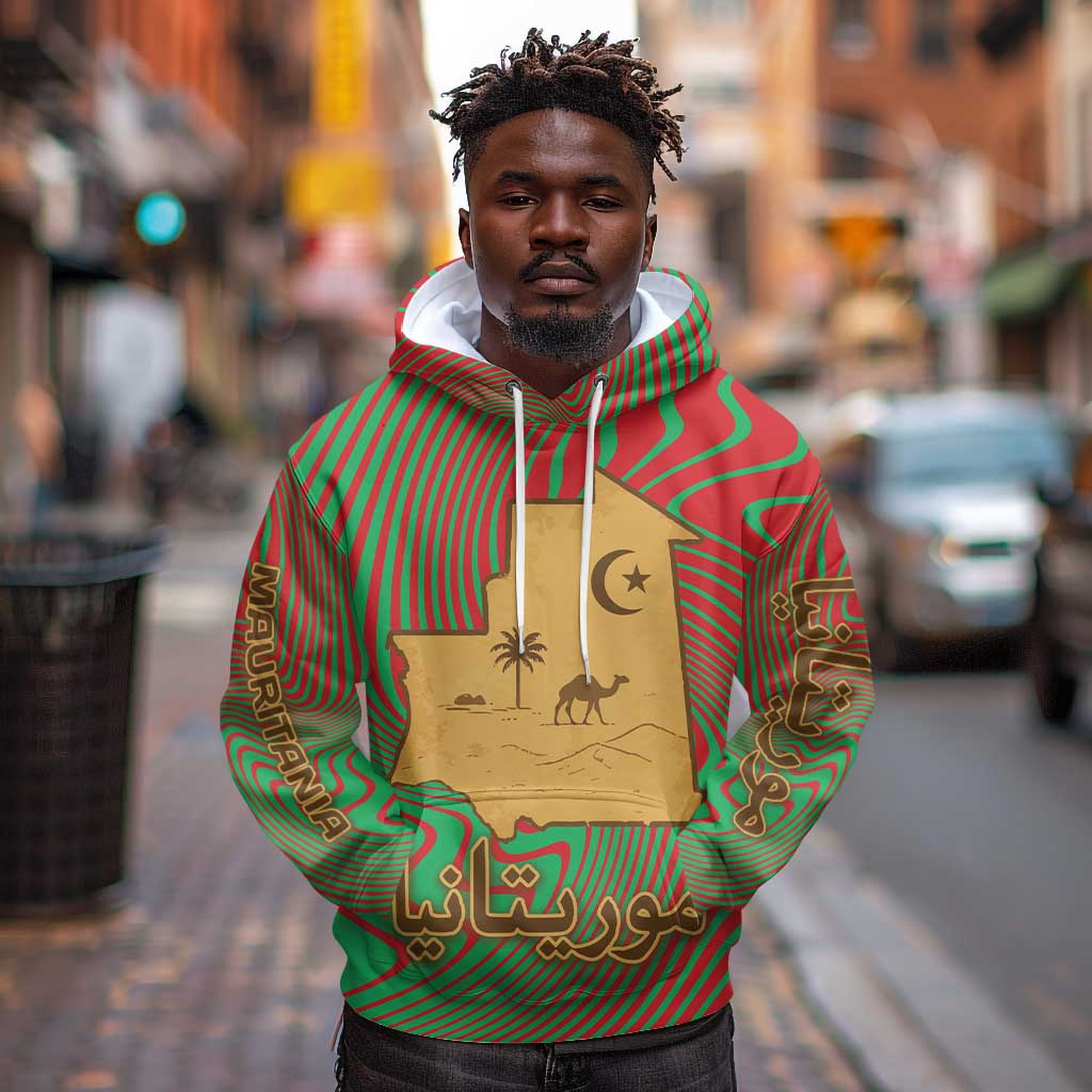 Mauritania Hoodie - Desert Camel Crescent Moon and Palm Tree Graphic in Red Green Gold Pattern