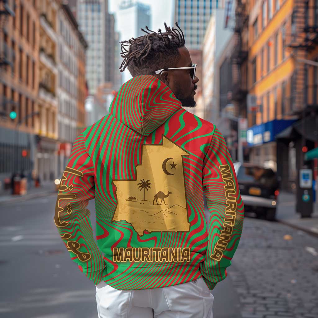 Mauritania Hoodie - Desert Camel Crescent Moon and Palm Tree Graphic in Red Green Gold Pattern