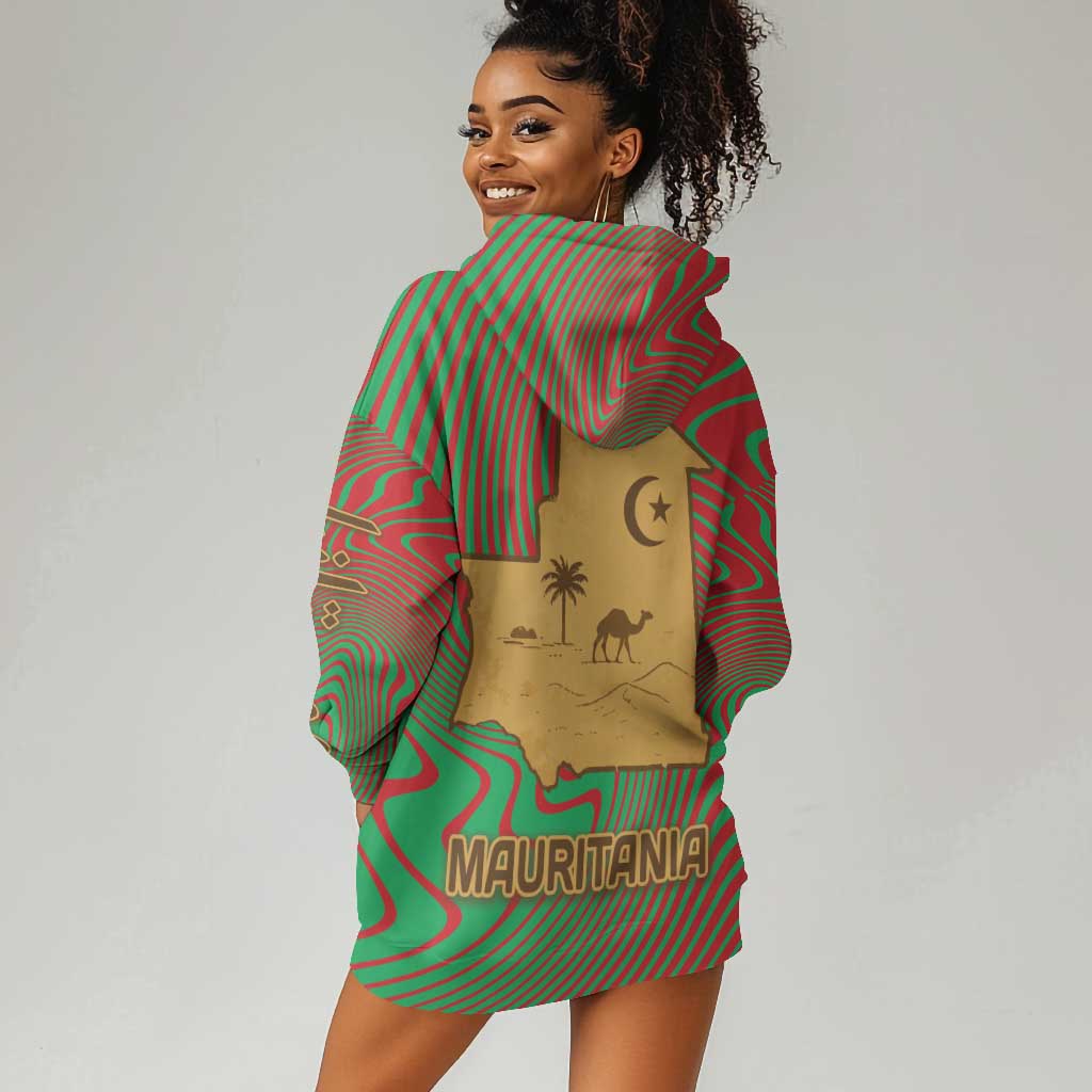 Mauritania Hoodie Dress - Desert Camel Crescent Moon and Palm Tree Graphic in Red Green Gold Pattern