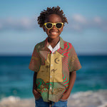 Mauritania Kid Hawaiian Shirt - Desert Camel Crescent Moon and Palm Tree Graphic in Red Green Gold Pattern