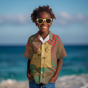 Mauritania Kid Hawaiian Shirt - Desert Camel Crescent Moon and Palm Tree Graphic in Red Green Gold Pattern